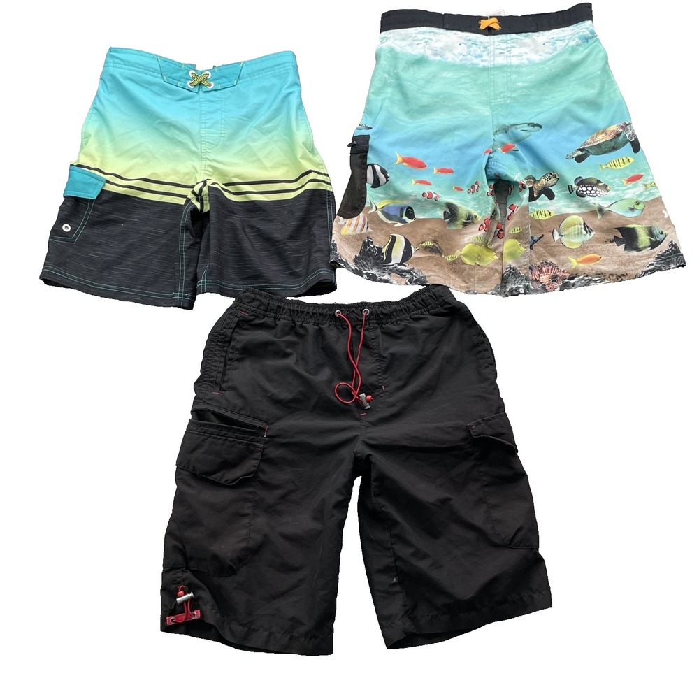 Board Shorts LOT 2 Youth Med Cargo Swim Trunks Outdoor Summer Fish Tropical 90's